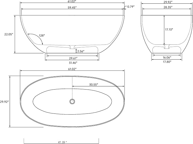 61" Premium Solid Surface Freestanding BathTubs, Upgraded Modern Transparent - Image 3