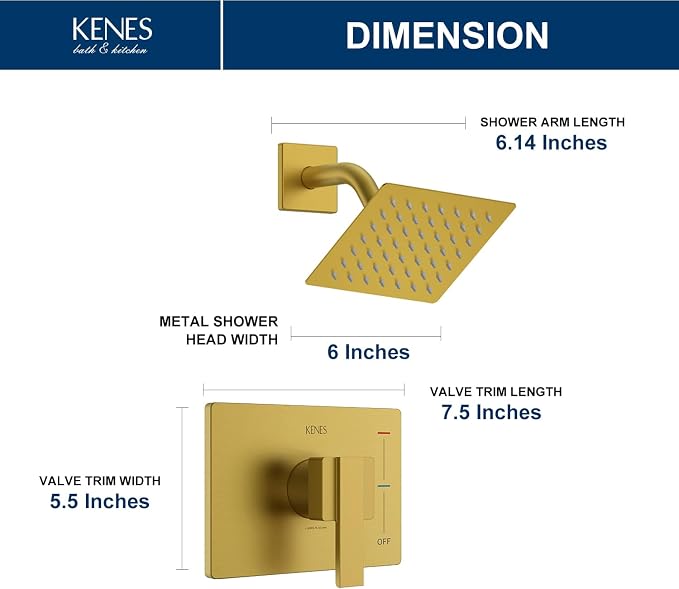 KENES Brushed Gold Shower Faucet, Modern Square 6-Inch Shower Head and Handle - Image 6