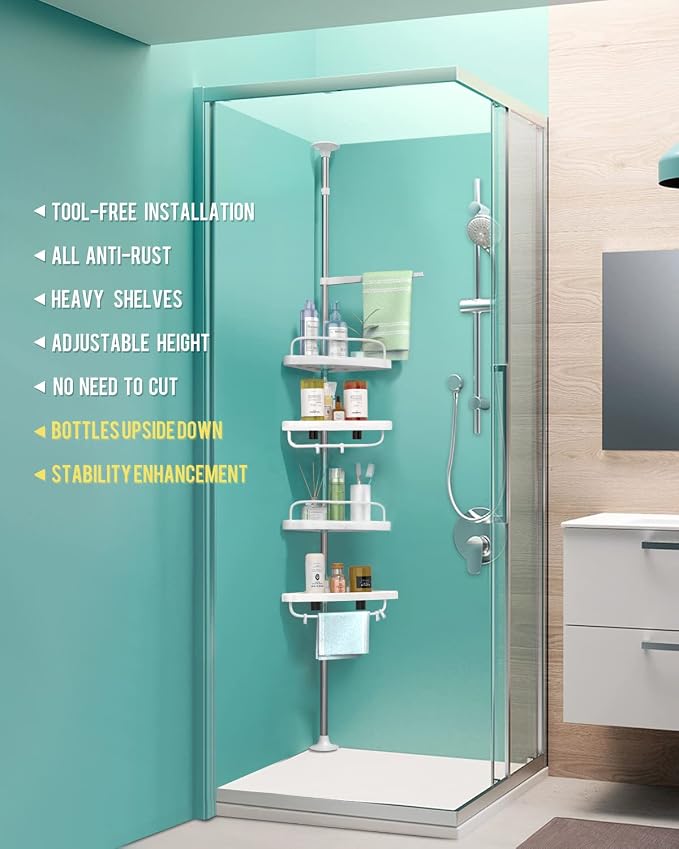 ADOVEL 4 Layer Corner Shower Caddy, Adjustable Shower Shelf, Constant Tension - Image 2