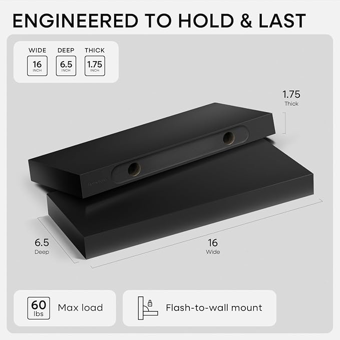 Homeforia 16 inch Black Floating Shelves, High End Solid Real Wood 16inch - Image 3