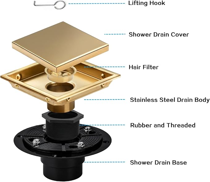 Square Shower Drain, AISI 304 Stainless Steel Gold Shower Floor Drain - Image 6