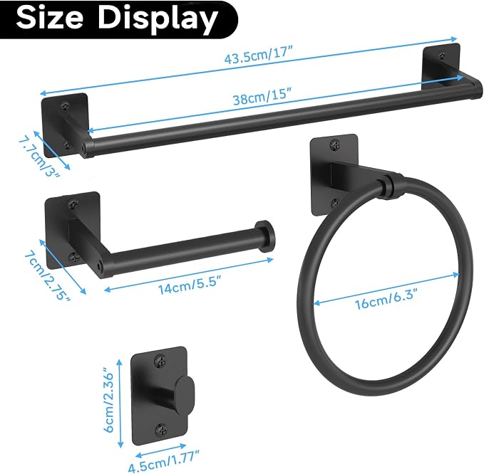 Matte Black Bathroom Accessories Set, 4 Pieces Bathroom Hardware Set, 16 inch - Image 6