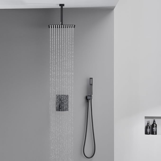 Shower System 12 Inches Rain Shower Combo Set Black Ceiling Mount Shower Faucet - Image 3