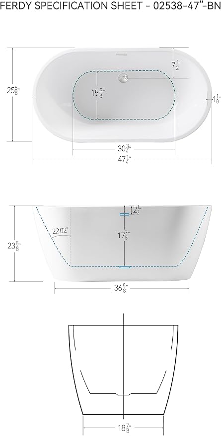 FerdY 47" Bali Acrylic Freestanding Bathtub, Gracefully Shaped Freestanding - Image 4