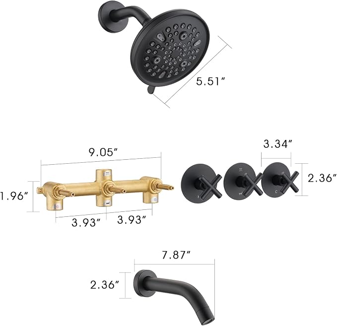 PROOX 3 Handle Tub Shower Faucet Set, 9-Setting Rainfall Shower Head - Image 7