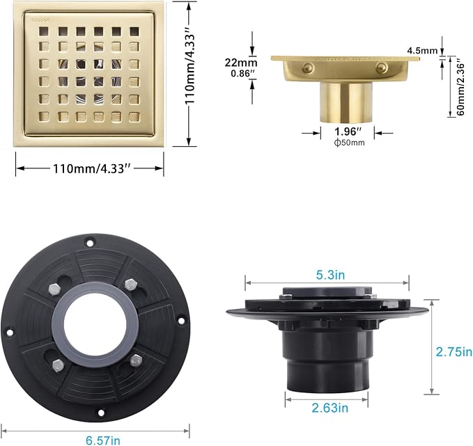 4 Inch Brushed Gold Shower Floor Drain Square - Image 5