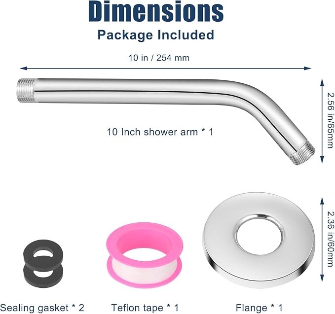 Shower Arm with Flange, 10 Inch Chrome Shower Pipe, Wall Mount Replacement - Image 6