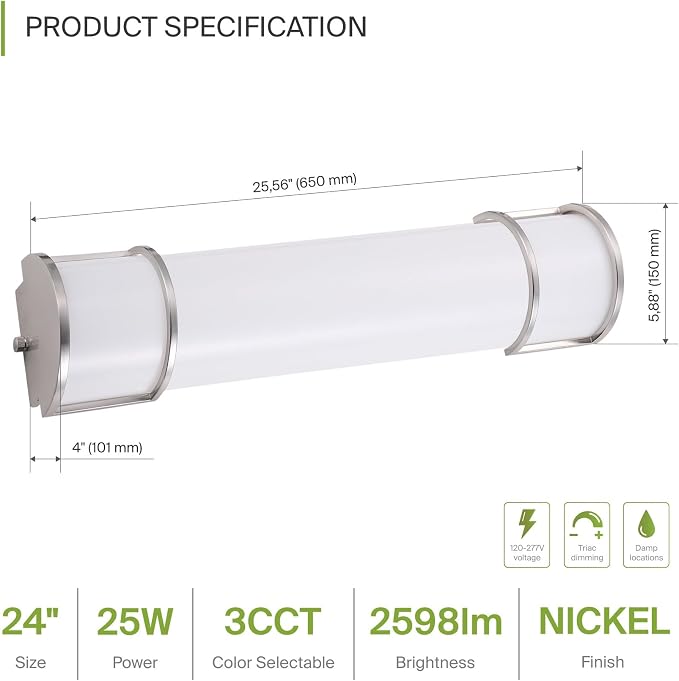 ASD LED 24" Vanity Flush Mount Light Fixture, Linear Bathroom Lighting Bar | - Image 2