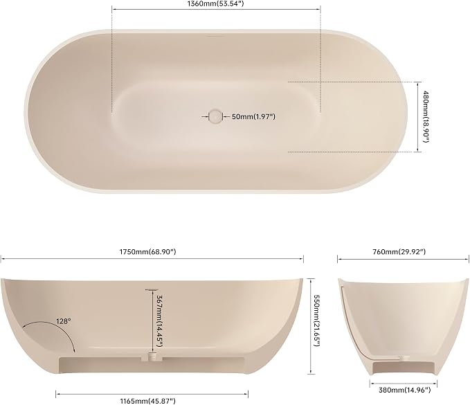 SJ STAR&JANE 69" Solid Surface Freestanding Bathtub, Milk Coffee Stone Resin - Image 9