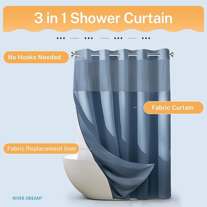 River Dream Blue Shower Curtain No Hooks Required Dotted Waffle Weave Shower - Image 7