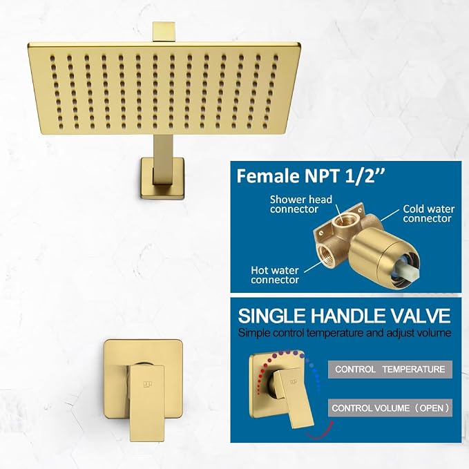 POP SANITARYWARE Shower Faucet Set Brushed Gold Bathroom Rainfall 12 Inch - Image 4