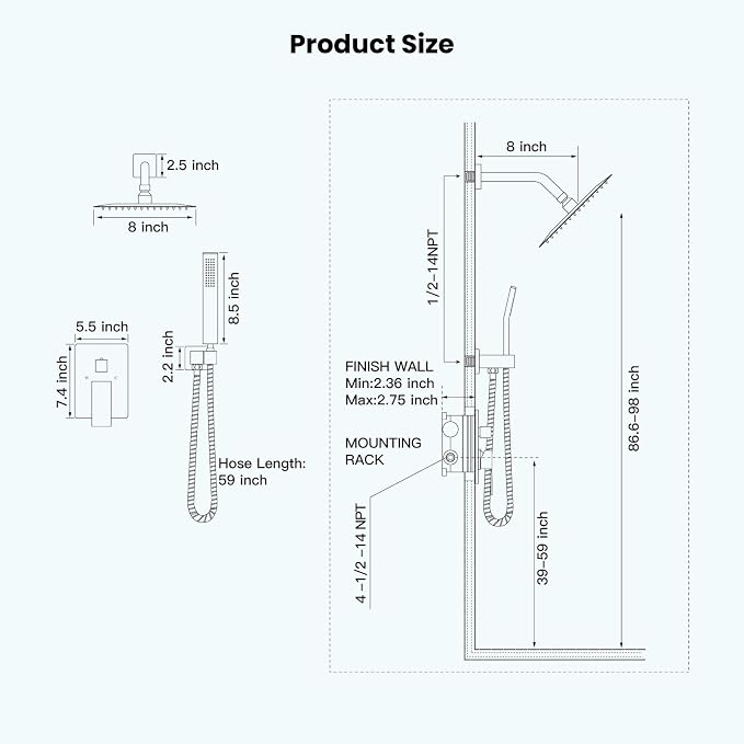 gotonovo Rainfall Bathroom Shower System Rain Shower Head and Handle Set Wall - Image 7