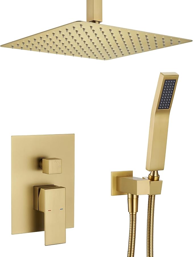 Shower System 12 Inches Rain Shower Combo Set Brushed Gold Ceiling Mount Shower by ArtiquaSanitaryWare