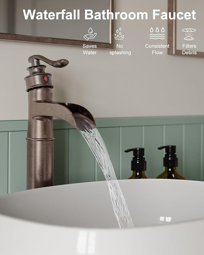 BWE Vessel Sink Faucet Waterfall Antique Copper Single Hole - Image 4