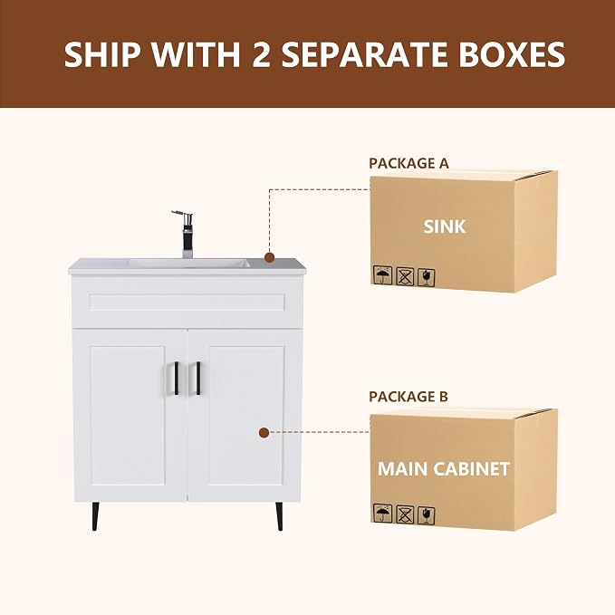 30" Bathroom Vanity with Sink, Freestanding Wooden Bathroom Vanity with 2 Doors - Image 9