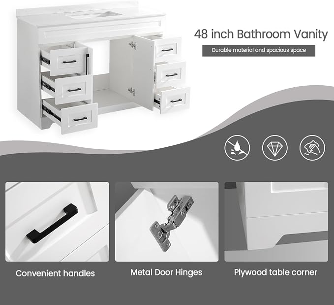 48” Bathroom Vanity with White Engineered Marble Stone Rectangular Sink - Image 5