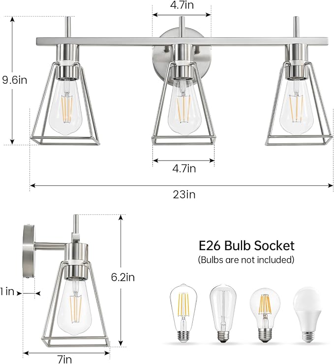 Industrial Bathroom Vanity Lights: 3-Lights Silver Brushed Nickel Vintage Metal - Image 2