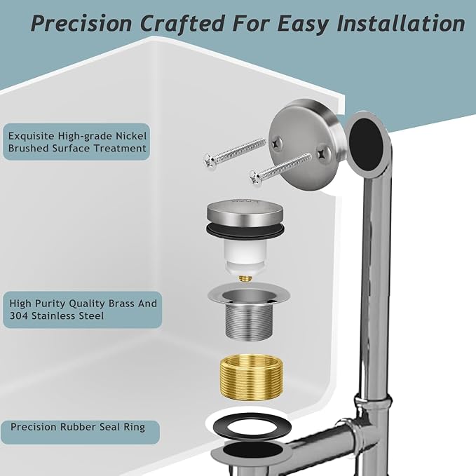Tip-Toe Bathtub Drain Kit with Two-Hole Overflow Plate, Universal Fine/Coarse - Image 4
