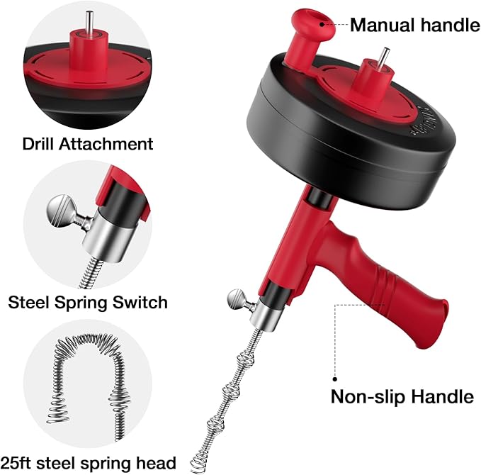 Drain Snake, 25ft Flexible Steel Drain Auger - Image 2