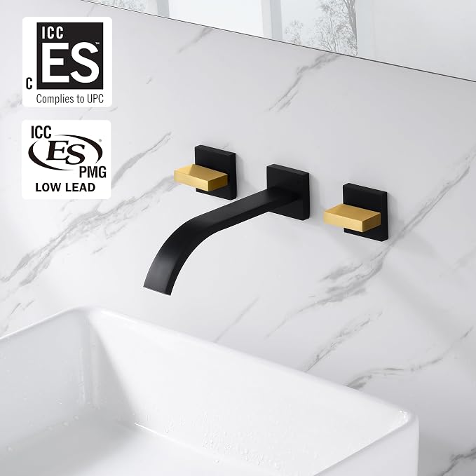SUMERAIN Wall Mounted Faucet for Bathroom Sink Black and Gold Finish, Lavatory - Image 2