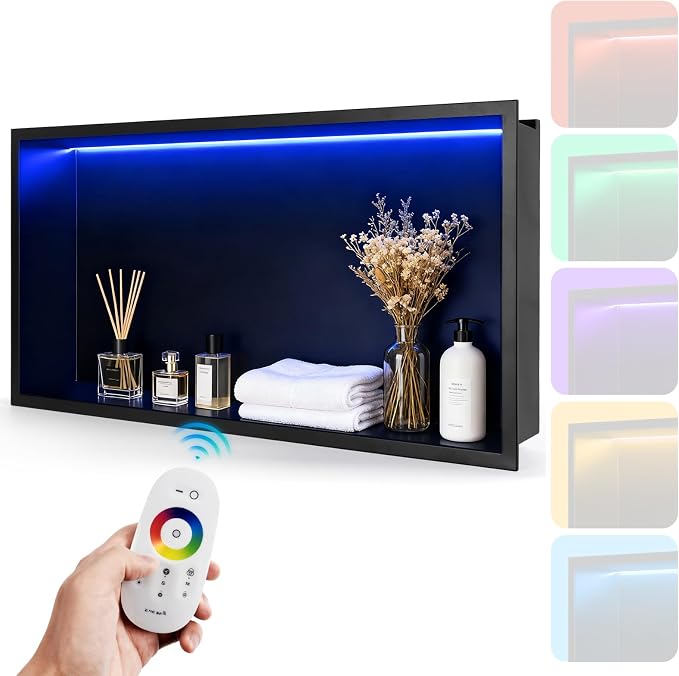 24" X 12" RGB LED Shower Niche No Tile Needed, 304 Stainless Steel Shower Niche by HOFULIVING