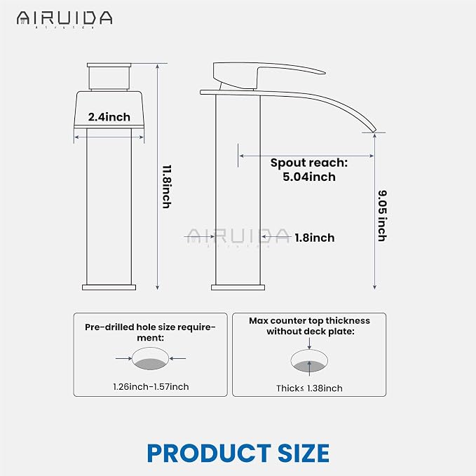 Airuida Vessel Sink Faucet Tall Waterfall Bathroom Fixtures Matte Black&Brushed - Image 6