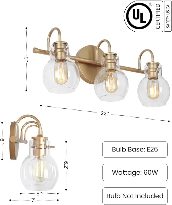 KSANA 3-Light Gold Bathroom Light Fixtures Over Mirror - Image 2