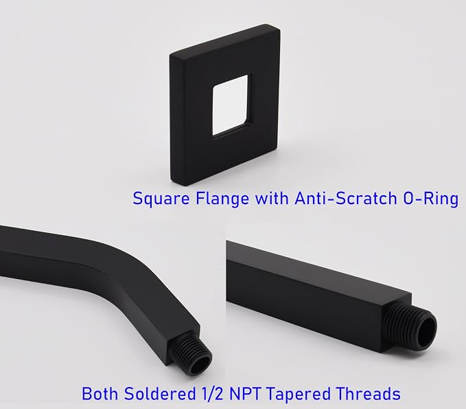 Aquaiaw Square Shower Arm and O-Ring Flange, 6 inch, Solid Brass, Both Soldered - Image 3