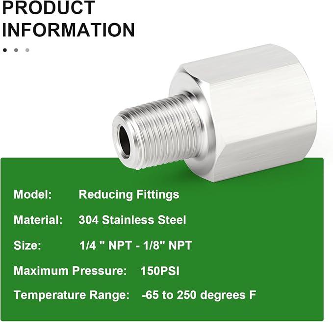 TAISHER 10PCS 304 Stainless Steel Pipe Fitting, 1/8" NPT Male x 1/4" NPT Female - Image 5