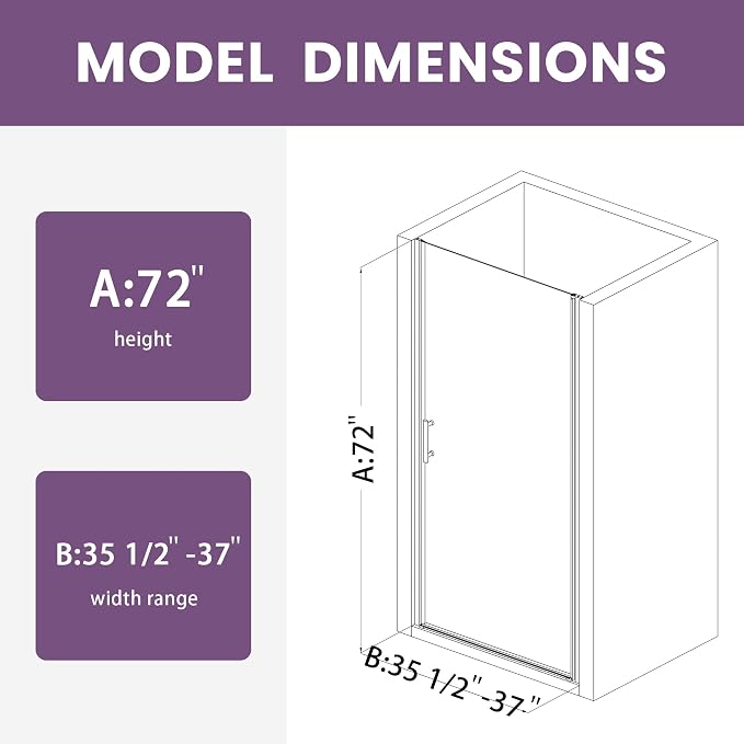 Glass Shower Door 35.5-37" W x 72 in. H, Pivot Shower Door - Image 9