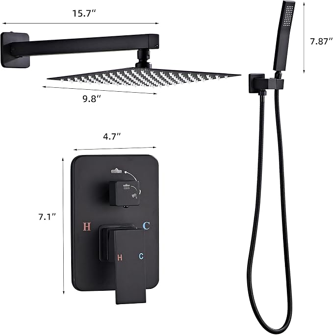 Shower Faucet Set, Matte Black Rainfall Shower System Complete Wall Mounted - Image 6