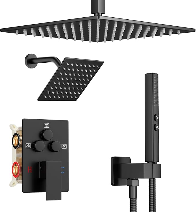 Shower Faucet Set Black Shower System, Ceiling Mount 12 Inch Shower Head by Baetuy