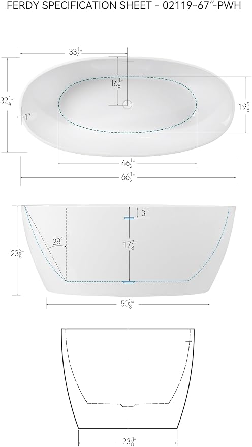 FerdY Tahiti 67" Freestanding Bathtub Elegant Oval Shape, Glossy White Double - Image 7