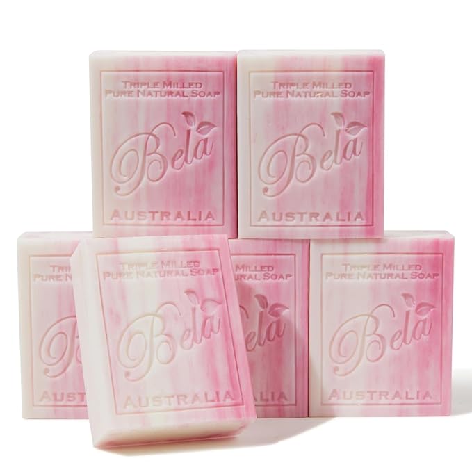 BELA Pomegranate Soap 3.3 OZ Pack of 6, Long Lasting French Triple Milled Bar by BELAPURENATURALSOAPSANDODORELIMINATINGHOMEFRAGRANCES