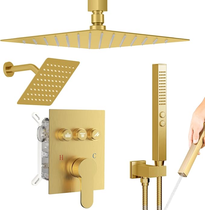 Brushed Gold Shower System, STARBATH 12+8" Rainfall Shower System by STARBATH