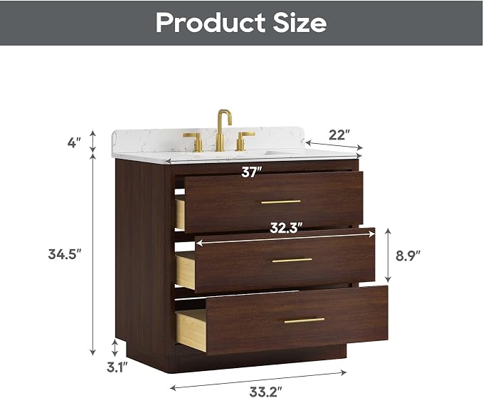 36 Inch Bathroom Vanity with Sink, Solid Wood Frame with Engineered Marble - Image 2