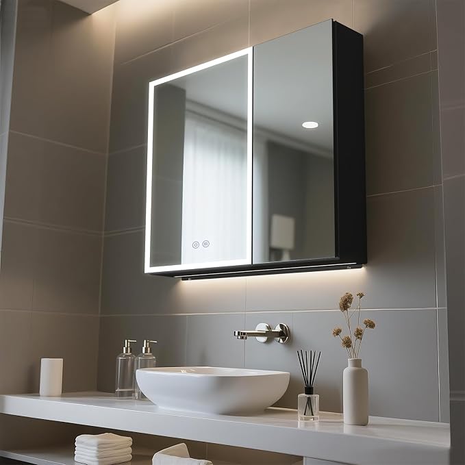 Lighted Medicine Cabinet with Mirror, 28 x 30 inch LED Bathroom Cabinet with by FIESONO