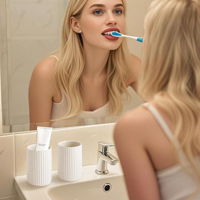 Toothbrush Holders for Bathrooms, Ceramic Tooth Brush Holder Set, Ribbed - Image 4