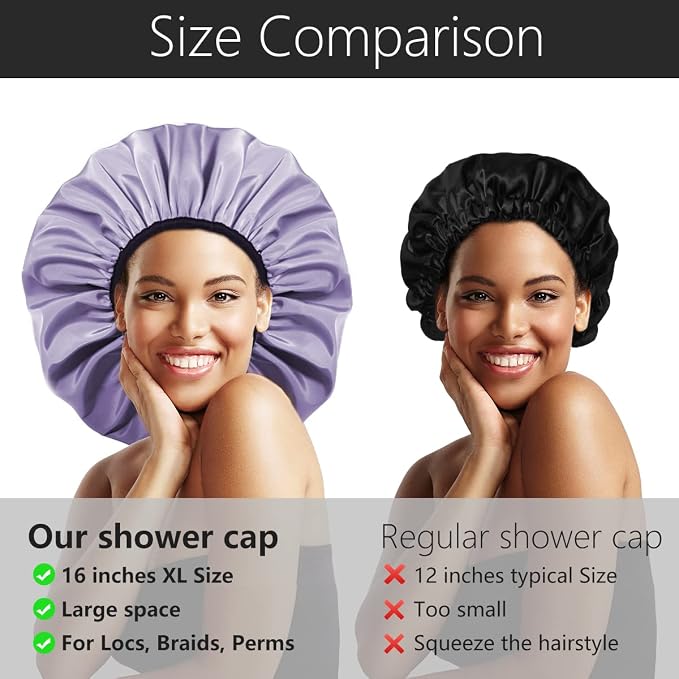 Auban Extra Large Shower Cap, Double-Layer Waterproof Reusable Satin Lining - Image 4