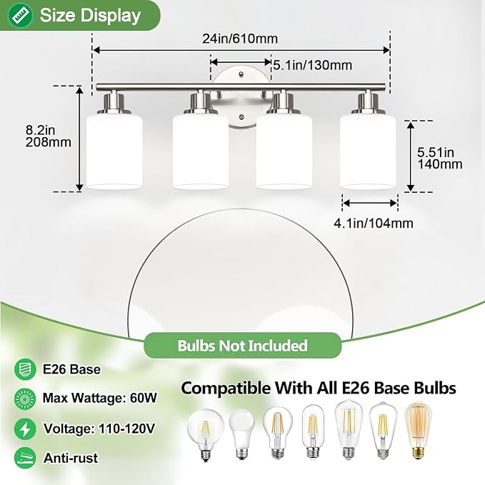 4-Light Bathroom Light Fixtures, Brushed Nickel Modern Vanity Lights - Image 9