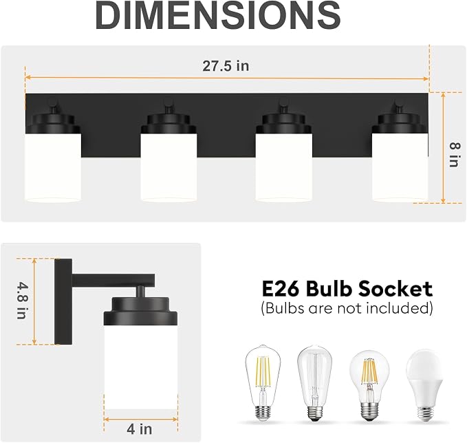 IZORRO Bathroom Vanity Light Fixture, 4-Light 27.5 Inch Matte Black Bathroom - Image 3
