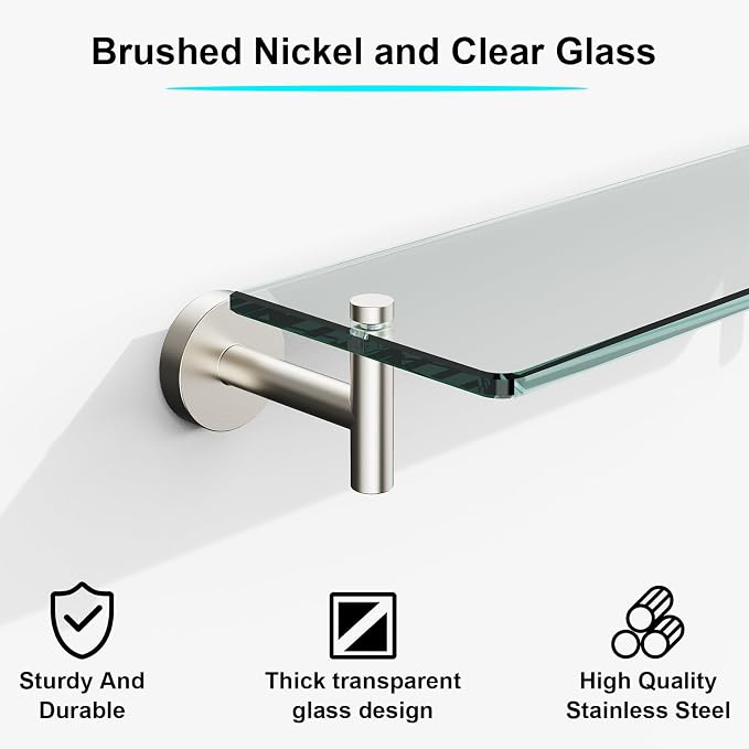 Glass Shelves for Bathroom, 16-Inch Brushed Nickel Floating Bathroom Shelf - Image 5