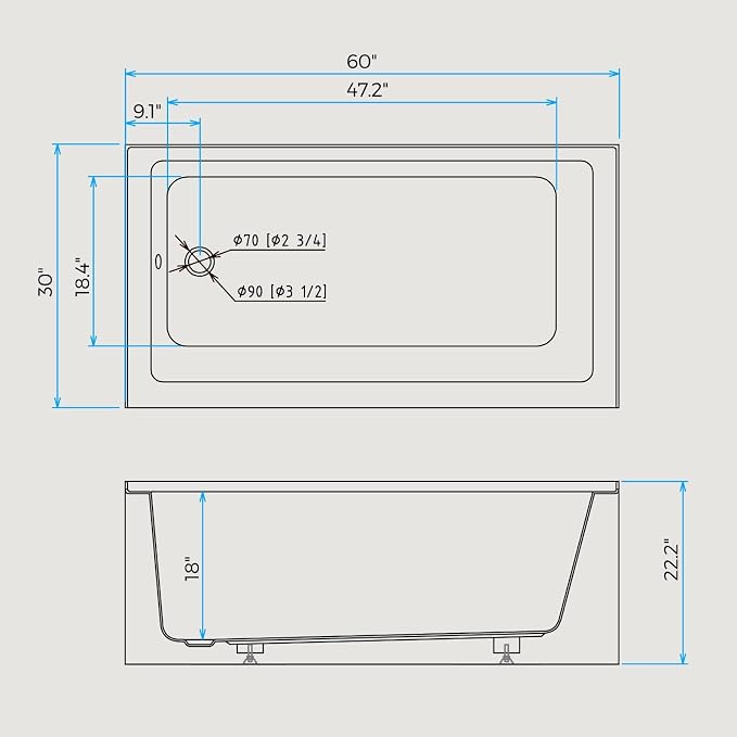 60x30 Inch Acrylic Drop-in Bathtub, Rectangular Soaking Tub - Image 6