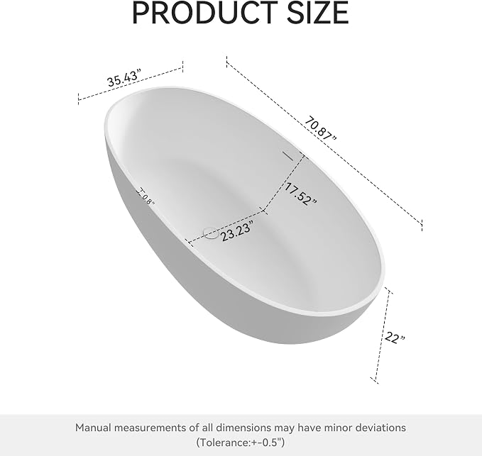 71" Premium Solid Surface Freestanding Bathtubs, Oval Stone Resin Tub - Image 5