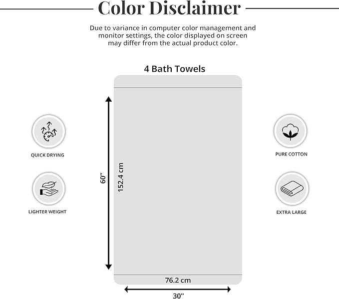 Tens Towels Pack of 4 Extra Large Bath Towels 30 x 60 Inches, 100% Cotton - Image 9