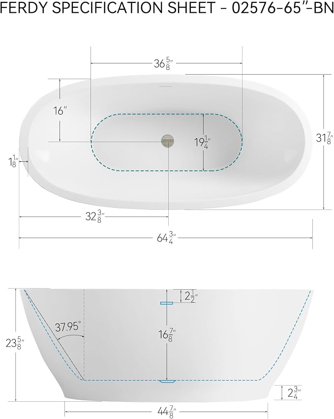 FerdY Koh Samui 65" Freestanding Bathtub, Elegant Oval Shape, Double Walled - Image 4