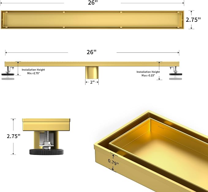 Linear Shower Drain 26", Brushed Gold Floor Drain - Image 6