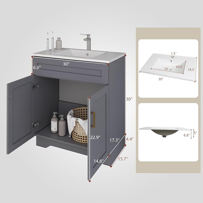 30 Inch Bathroom Vanity with Sink, Wooden Bathroom Sink Cabinet with Soft-Close - Image 2