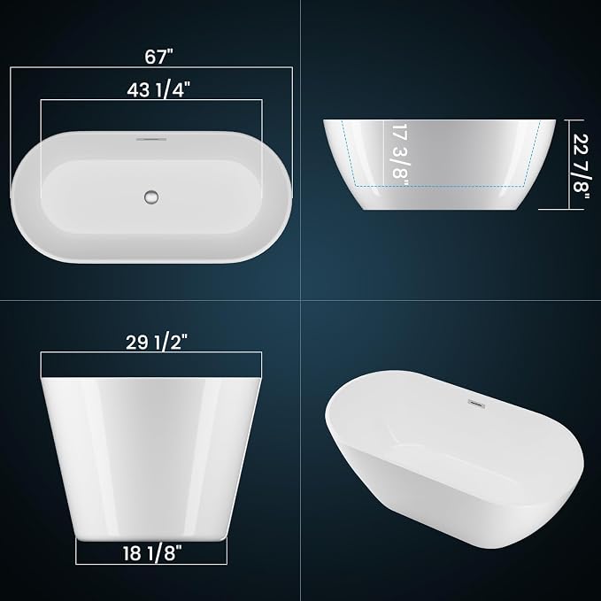 67" Free Standing Tub, Acrylic Soaking Bathtub, Stand Alone Freestanding Tub - Image 3