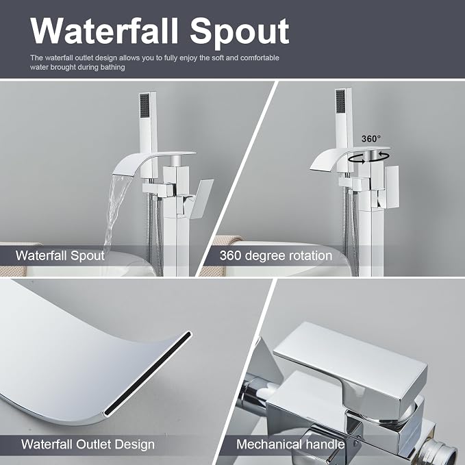 Senlesen Bathroom Chrome Freestanding Tub Faucet Floor Mounted Bathtub Shower - Image 4